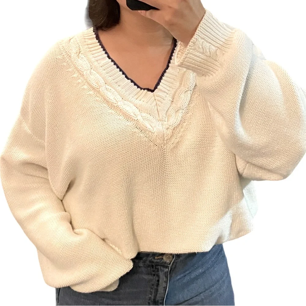 Eddie Bauer Vintage Preppy School girl cotton chunky Knit Vneck white sweater - Picture 1 of 8